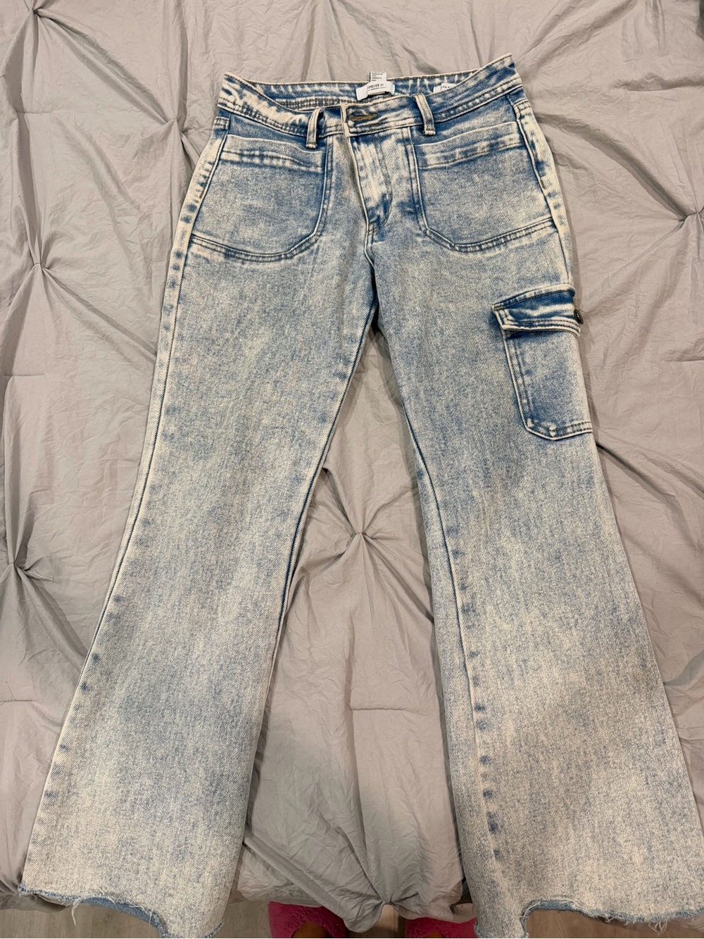 Forever 21 Light Blue Acid-Wash Flared Cargo Jeans